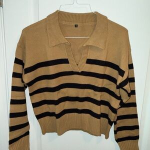 Striped Tan and Black Sweater with Collar - Size M